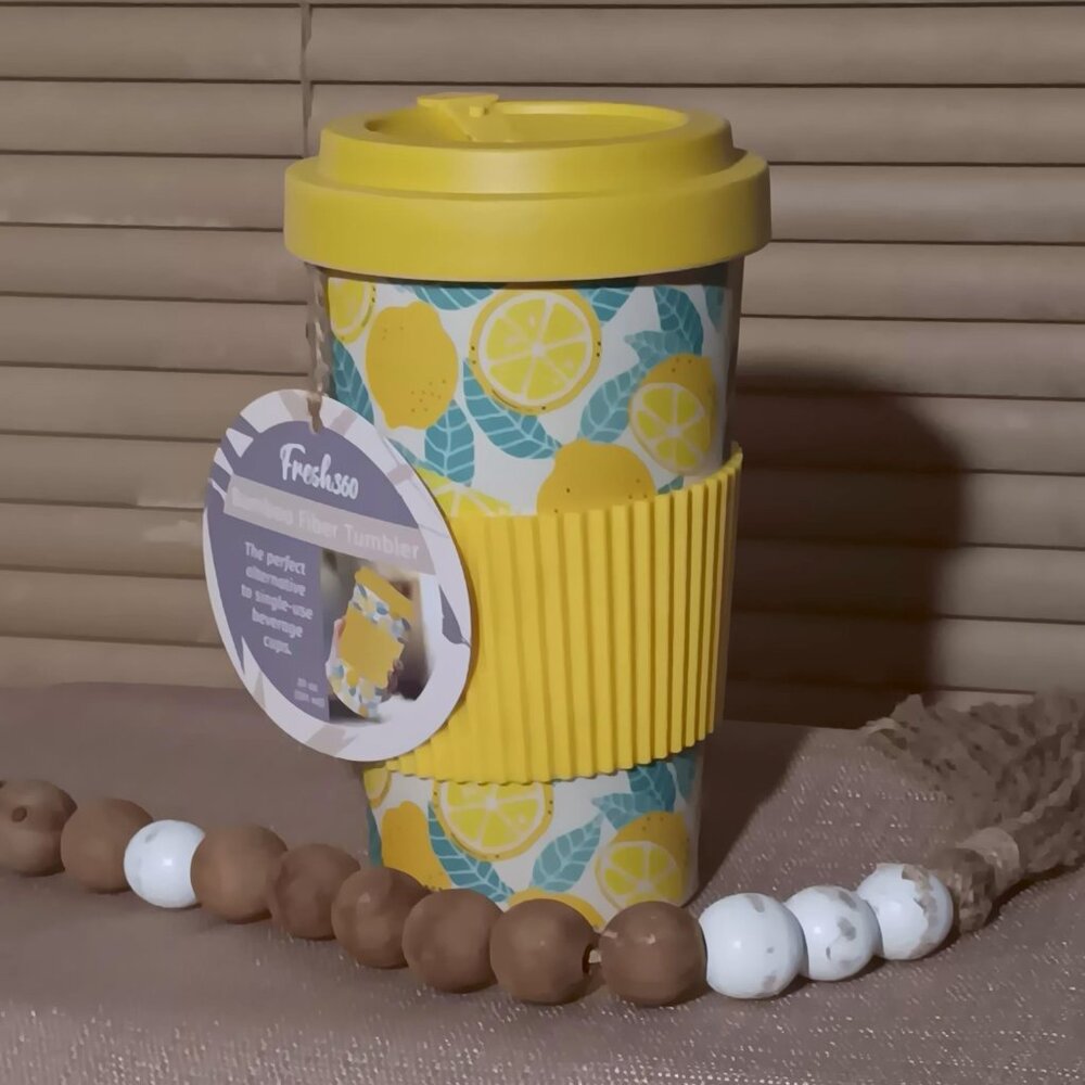 Lemon Print Bamboo Fiber Travel Tumbler w Lid | Eco Friendly Reusable Coffee Cup